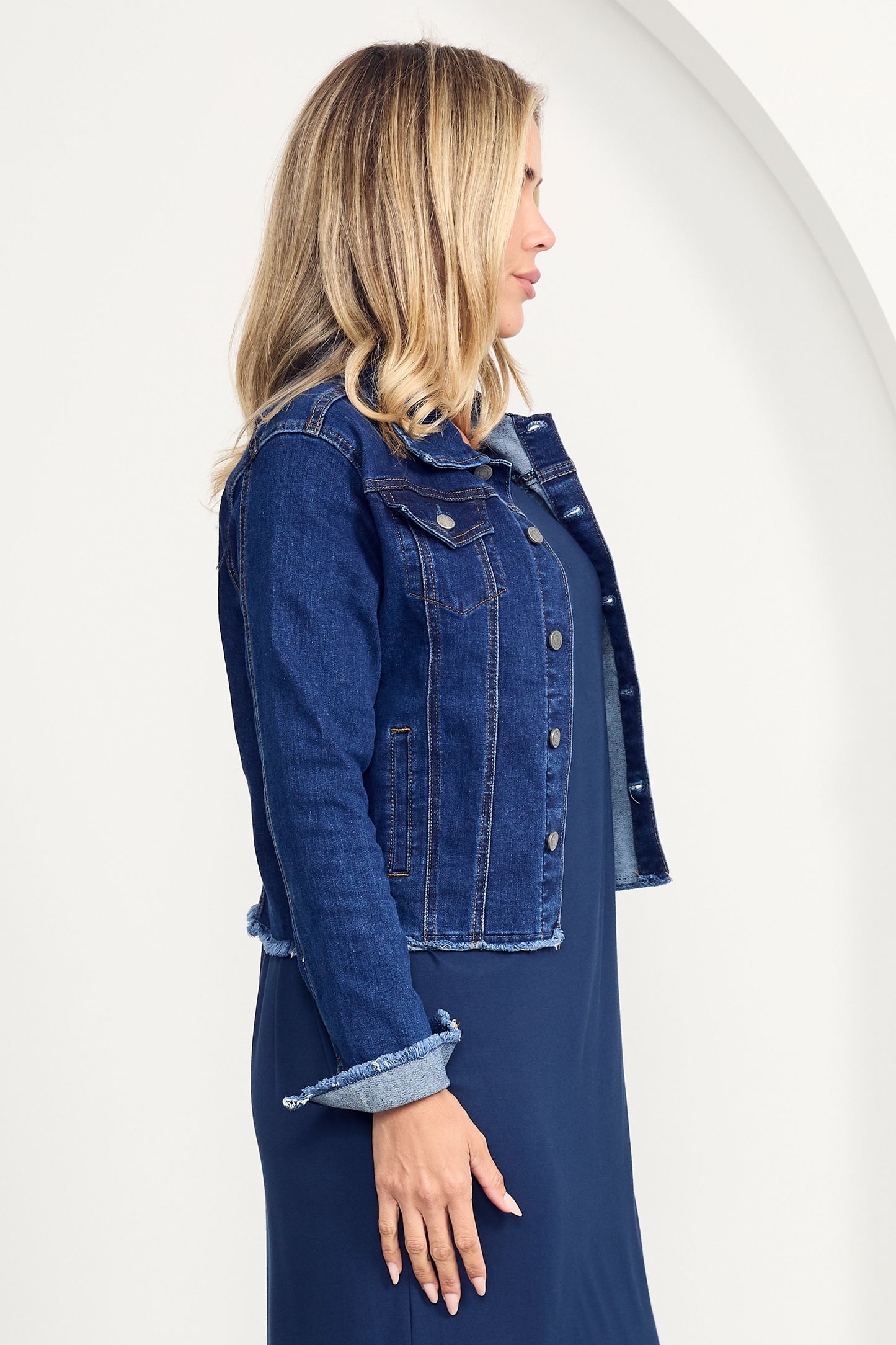 FRAY Denim Long Sleeve Cropped Jacket | Dark Wash