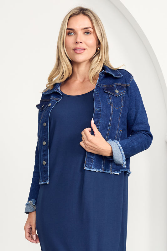 FRAY Denim Long Sleeve Cropped Jacket | Dark Wash