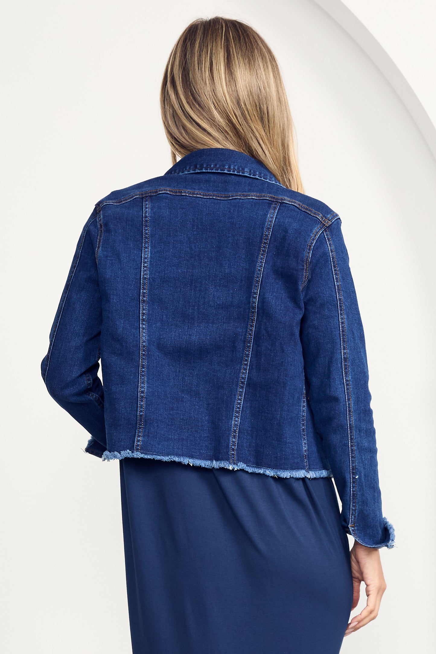 FRAY Denim Long Sleeve Cropped Jacket | Dark Wash