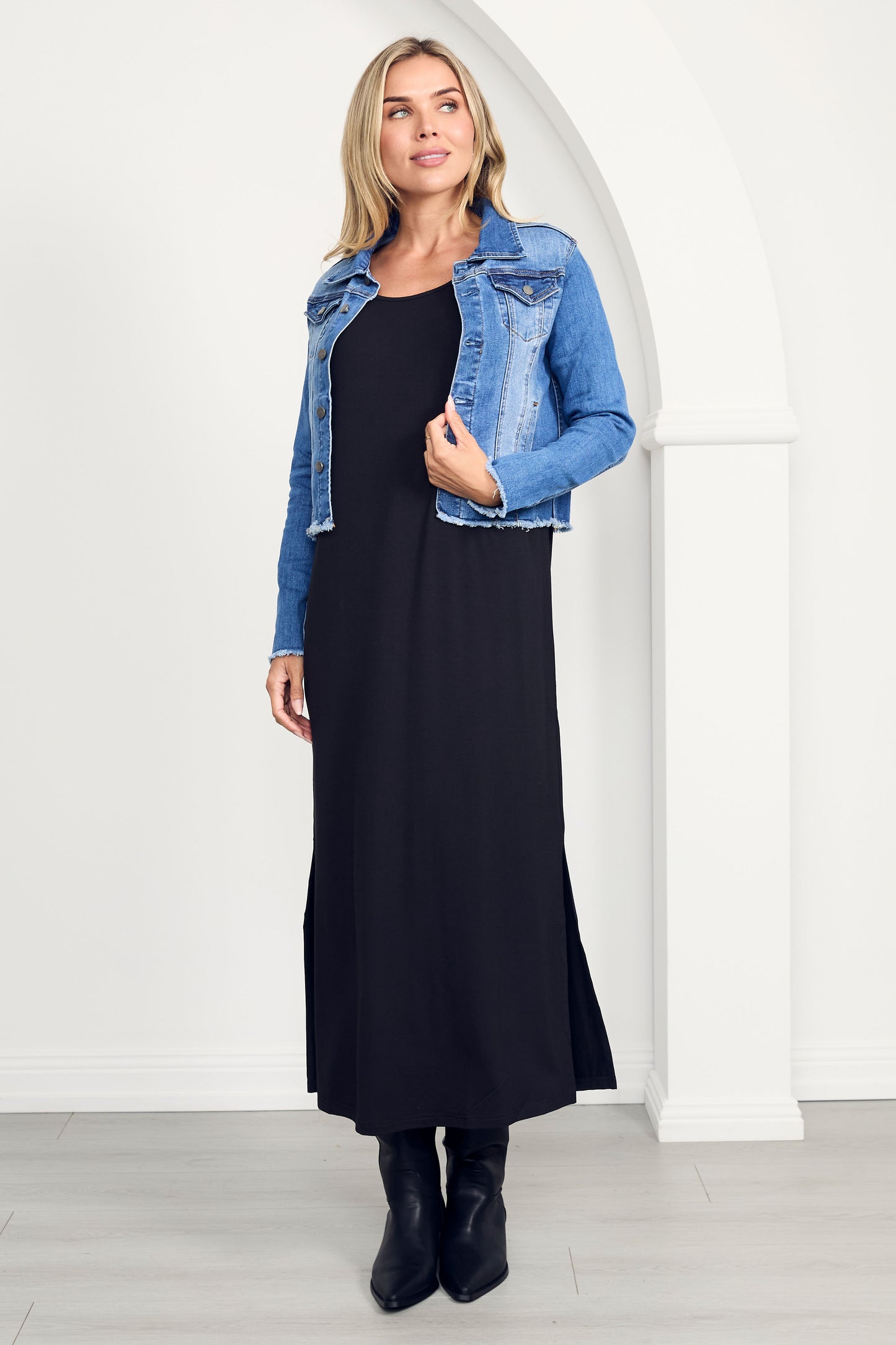 FRAY Denim Long Sleeve Cropped Jacket | Mid Wash | FINAL SALE