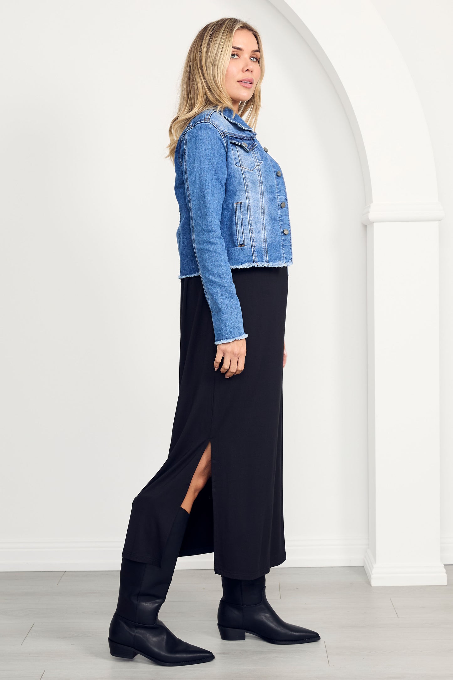 FRAY Denim Long Sleeve Cropped Jacket | Mid Wash | FINAL SALE