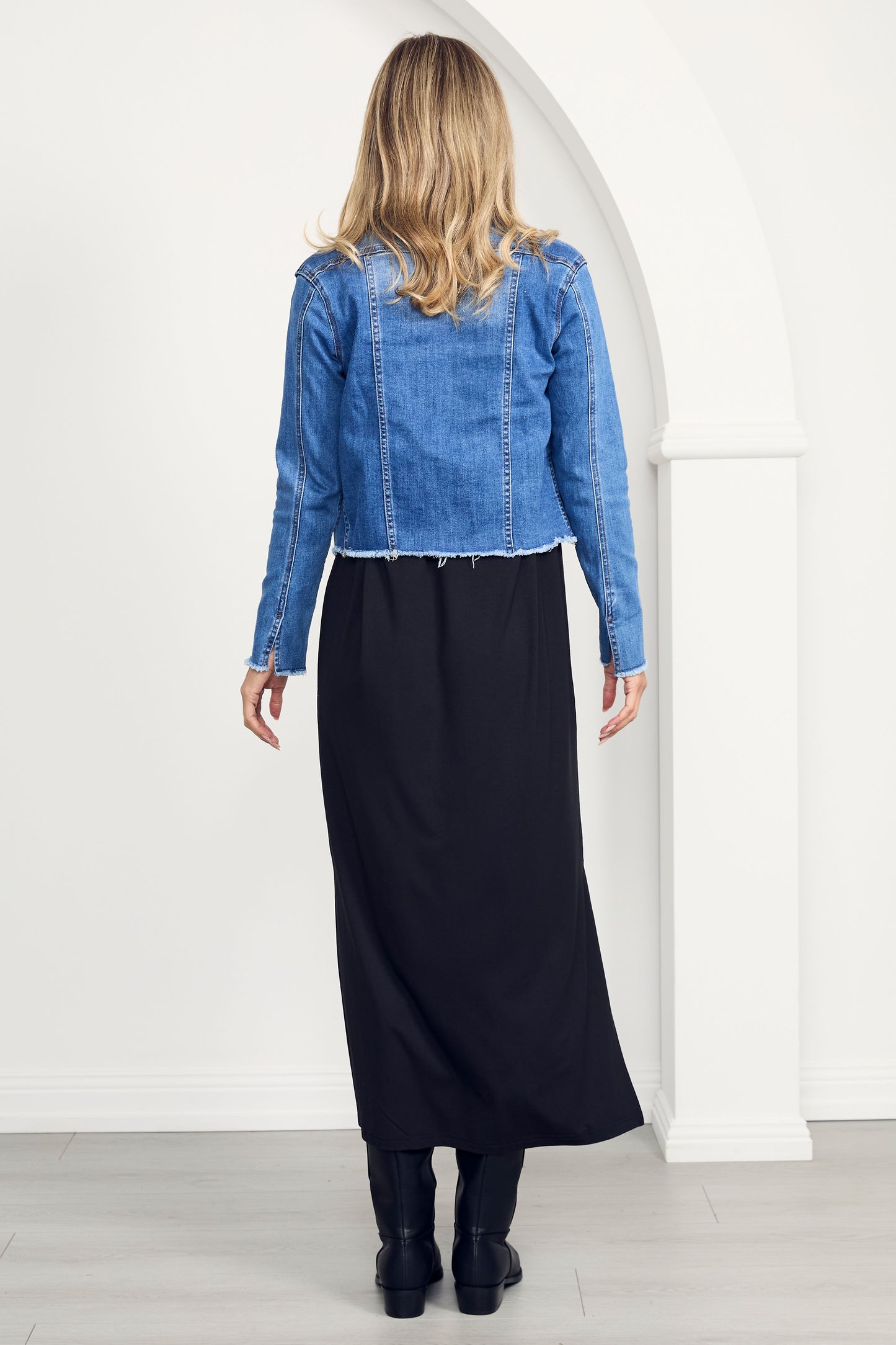 FRAY Denim Long Sleeve Cropped Jacket | Mid Wash | FINAL SALE