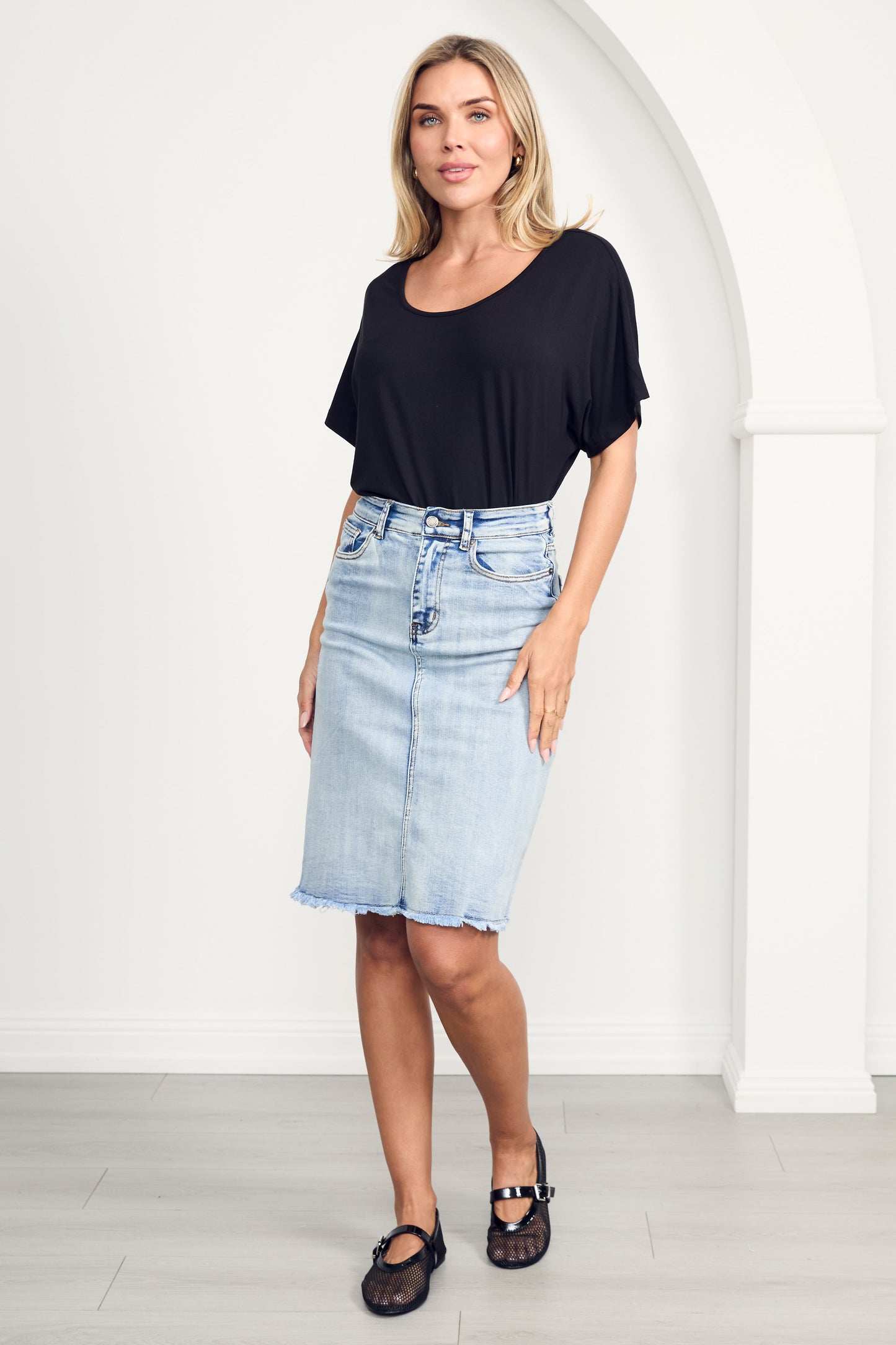 FRAY Stretch Denim Classic Length Skirt | Light Denim | FINAL SALE
