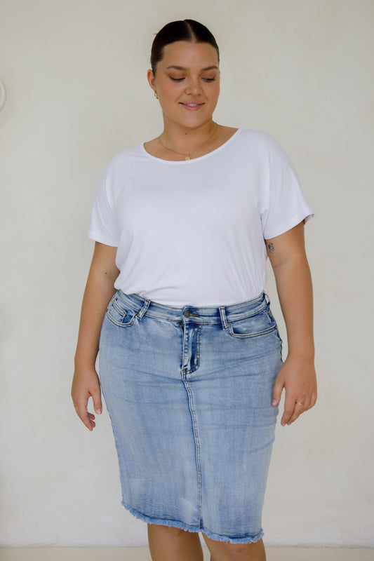 FRAY Denim Classic Length Skirt | Light Denim | FINAL SALE