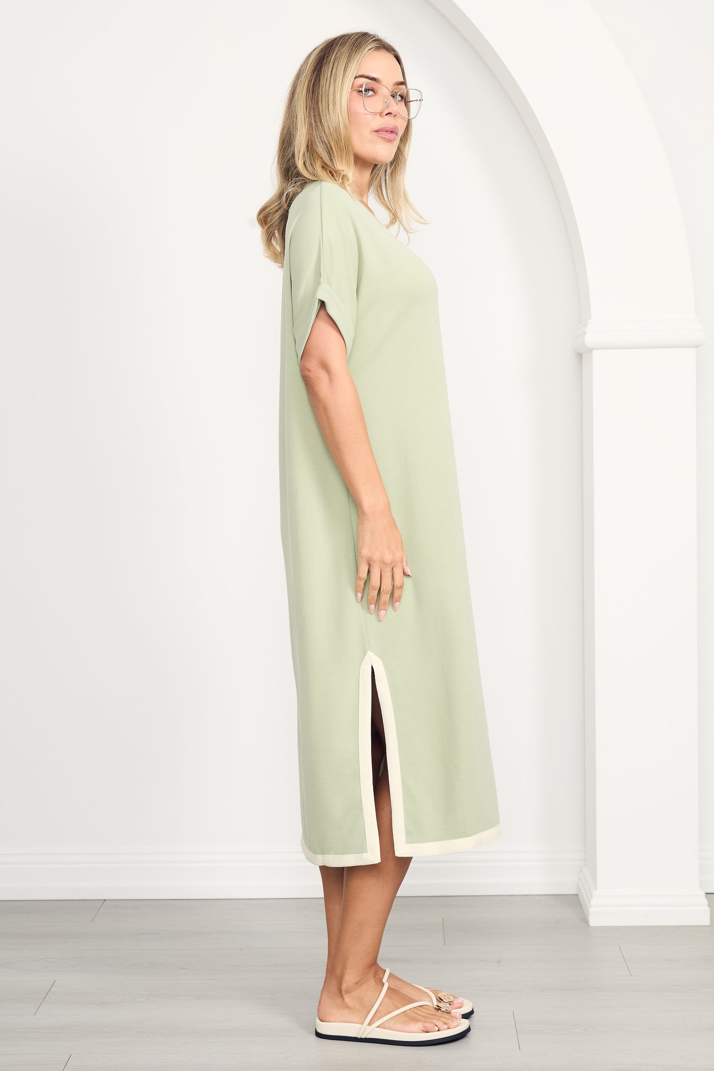 GIGI Lounge Short Sleeve Classic/Midi Dress | Sage