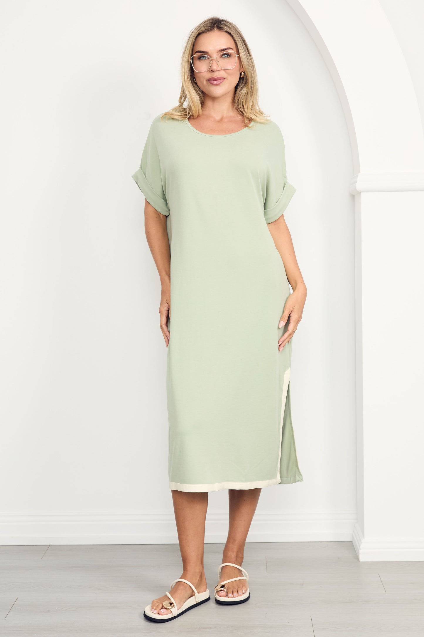 GIGI Lounge Short Sleeve Classic/Midi Dress | Sage
