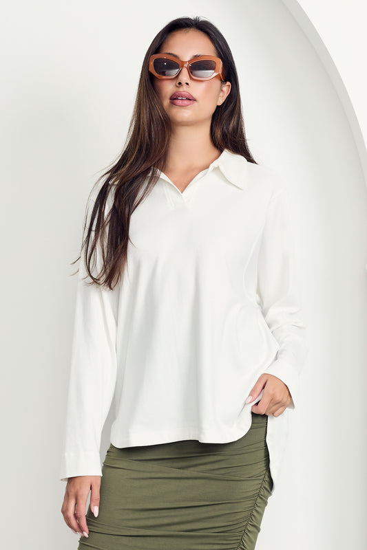 GIGI Lounge Long-Sleeve Hi Lo Classic/Longline Sweater | White