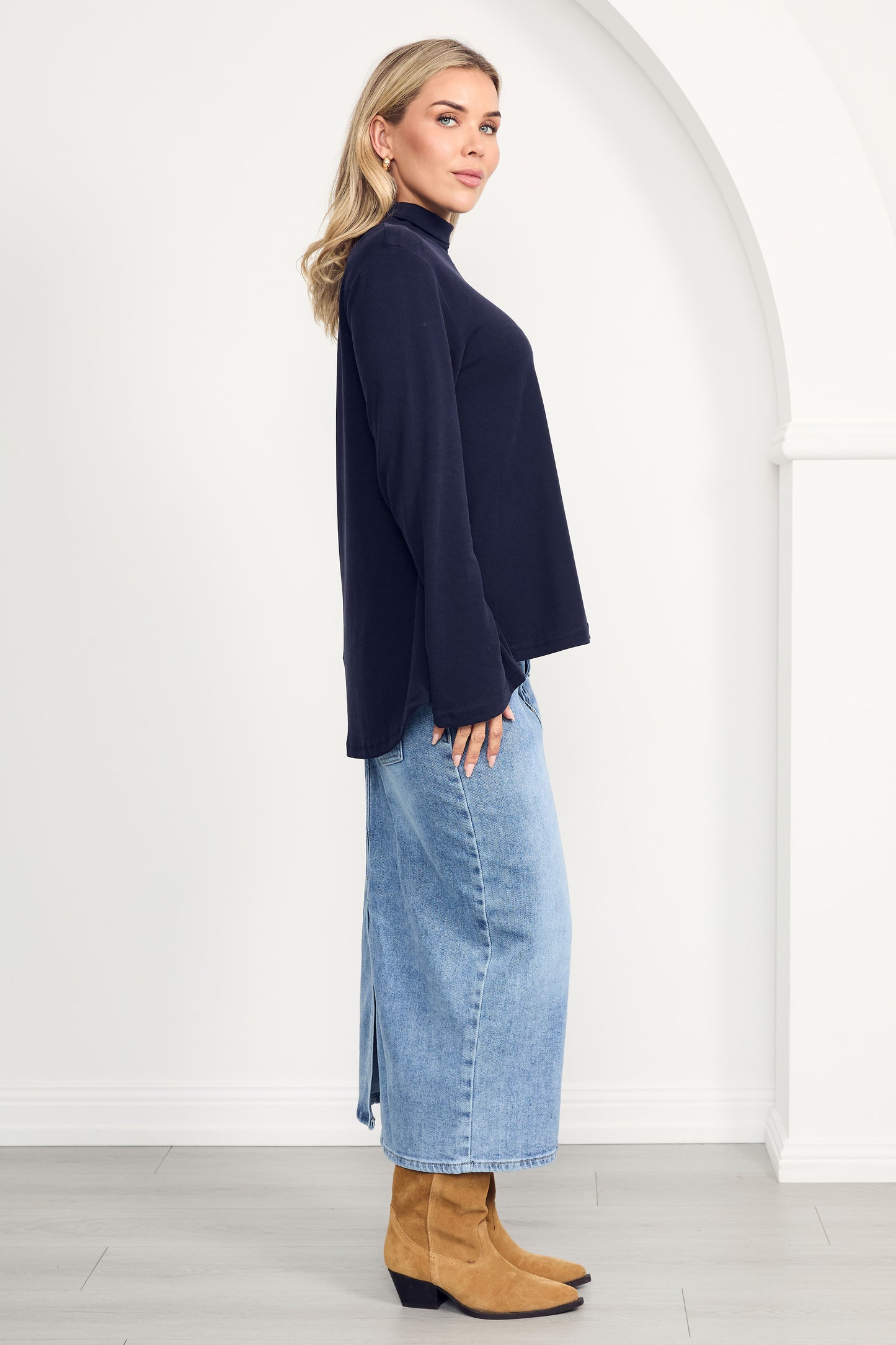 JAZMINE Lounge Longsleeve Classic Length Top  | Midnight Navy