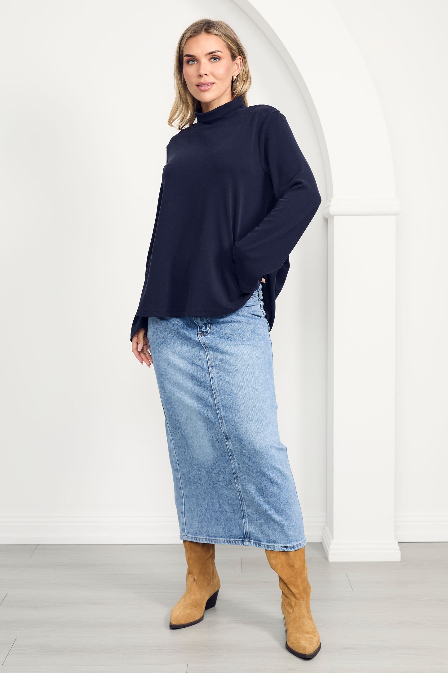 JAZMINE Lounge Longsleeve Classic Length Top  | Midnight Navy