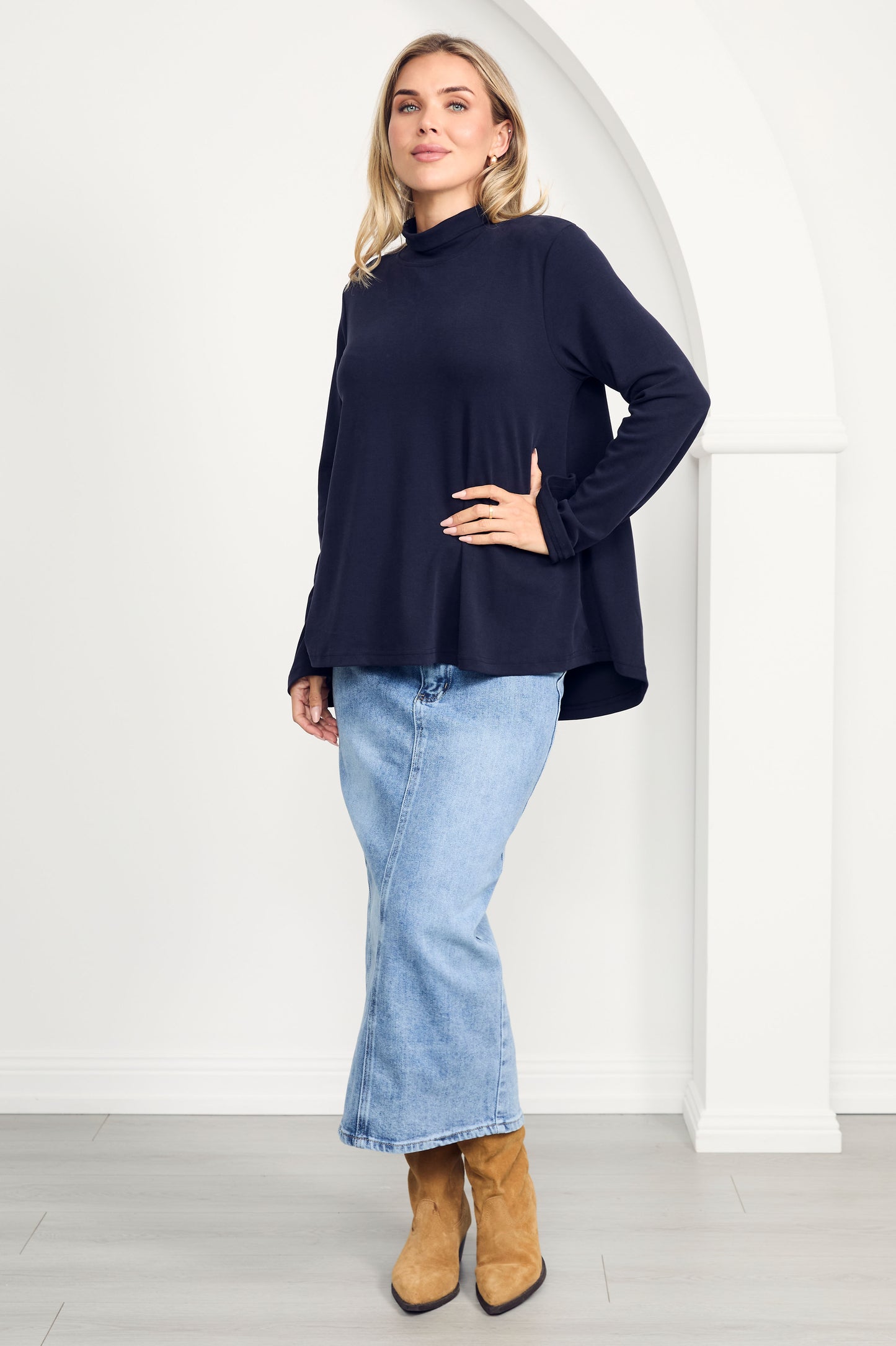JAZMINE Lounge Longsleeve Classic Length Top  | Midnight Navy