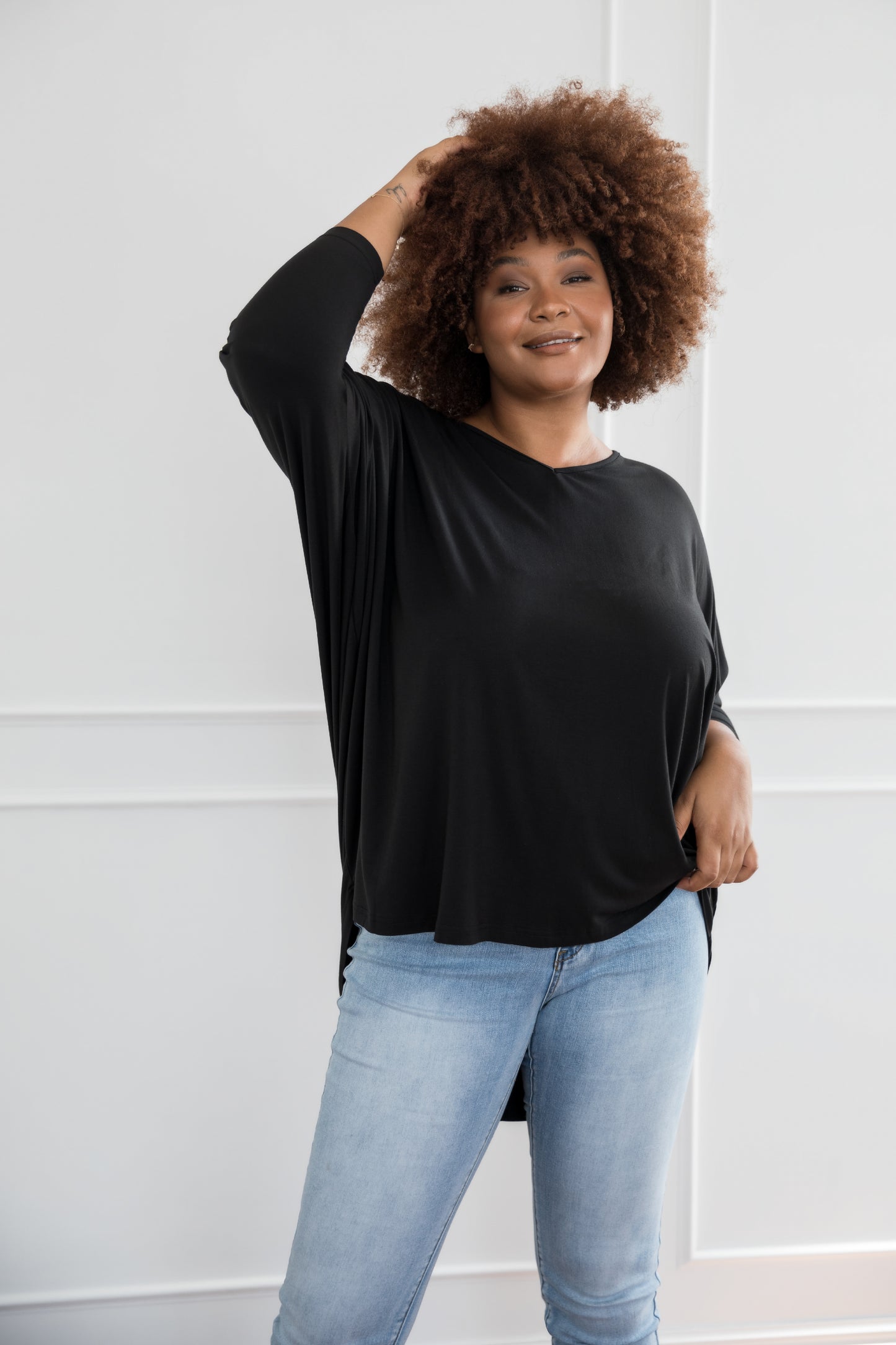 Plus-Sized Black Tops | PQ Collection | Long Sleeve Hi Low Miracle Top