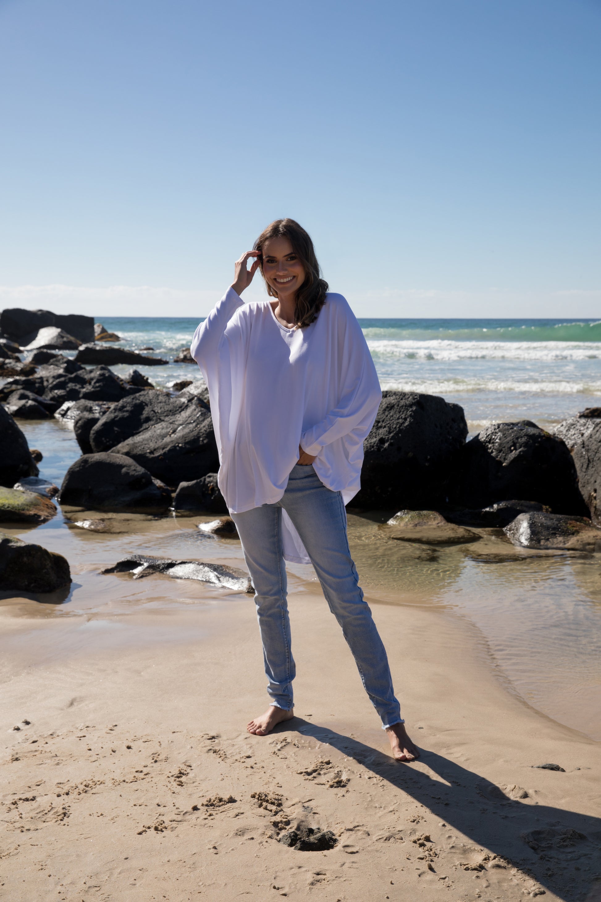 Plus-Sized White Top | PQ Collection | Long Sleeve Hi-Low Miracle Top
