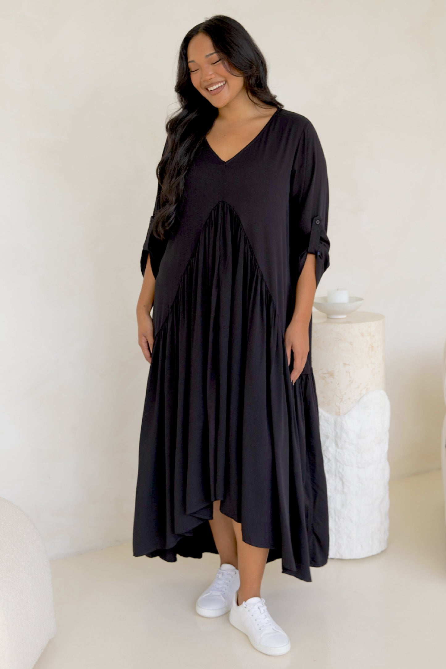PEAK Rayon Long Sleeve Hi Lo Maxi Dress | Black