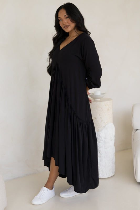 Long Sleeve Peak Maxi Dress | Black