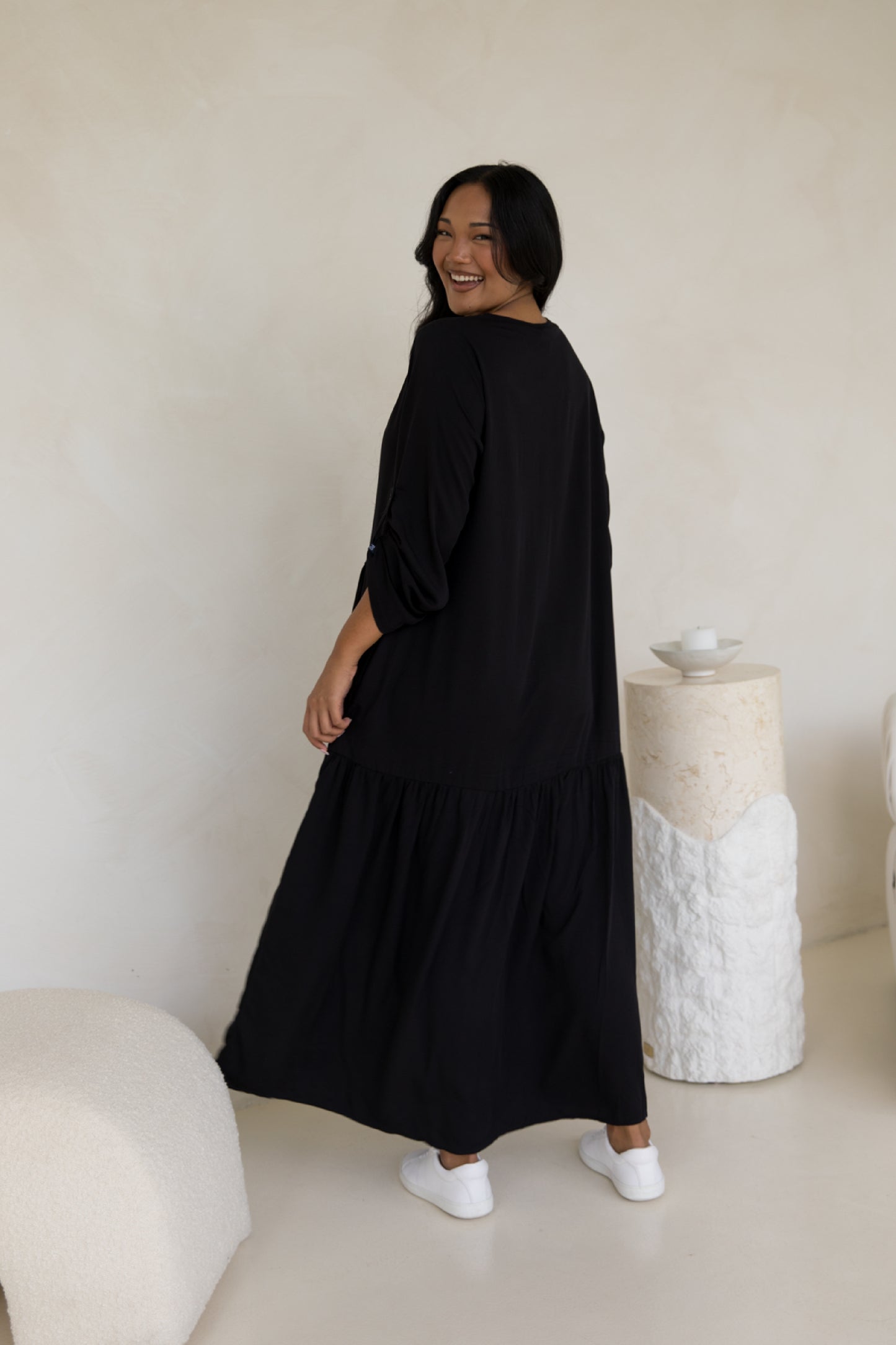 Long Sleeve Peak Maxi Dress in Black
