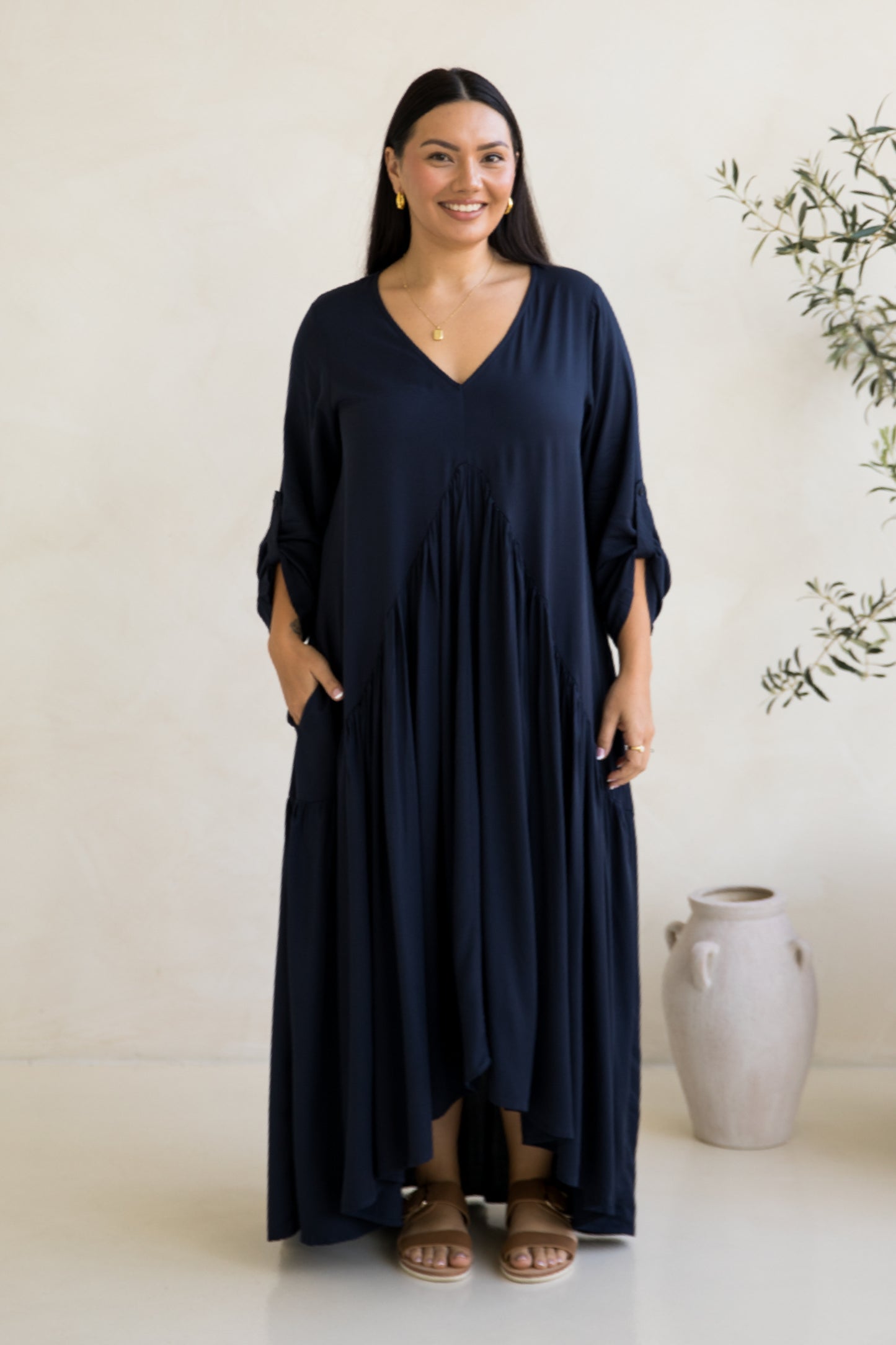 Long Sleeve Peak Maxi Dress | Navy