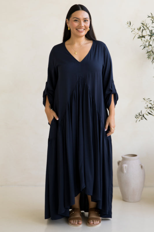 Long Sleeve Peak Maxi Dress | Navy