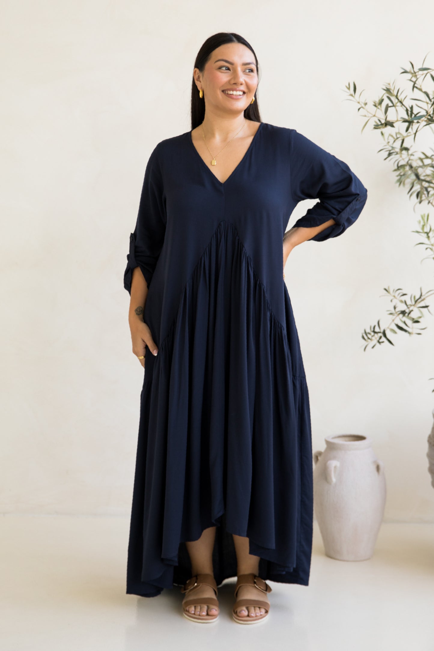 Long Sleeve Peak Maxi Dress | Navy