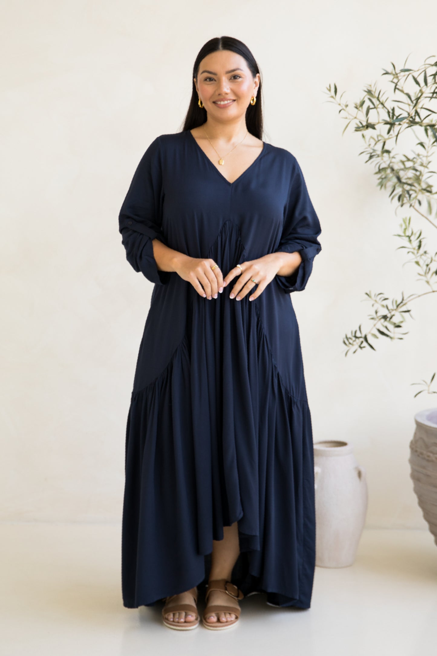 Long Sleeve Peak Maxi Dress | Navy