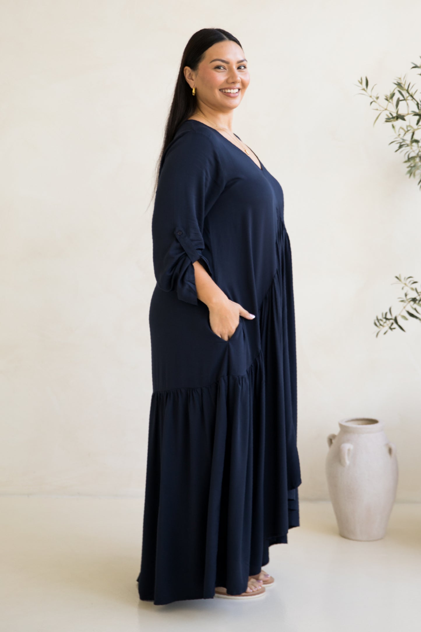 Long Sleeve Peak Maxi Dress | Navy