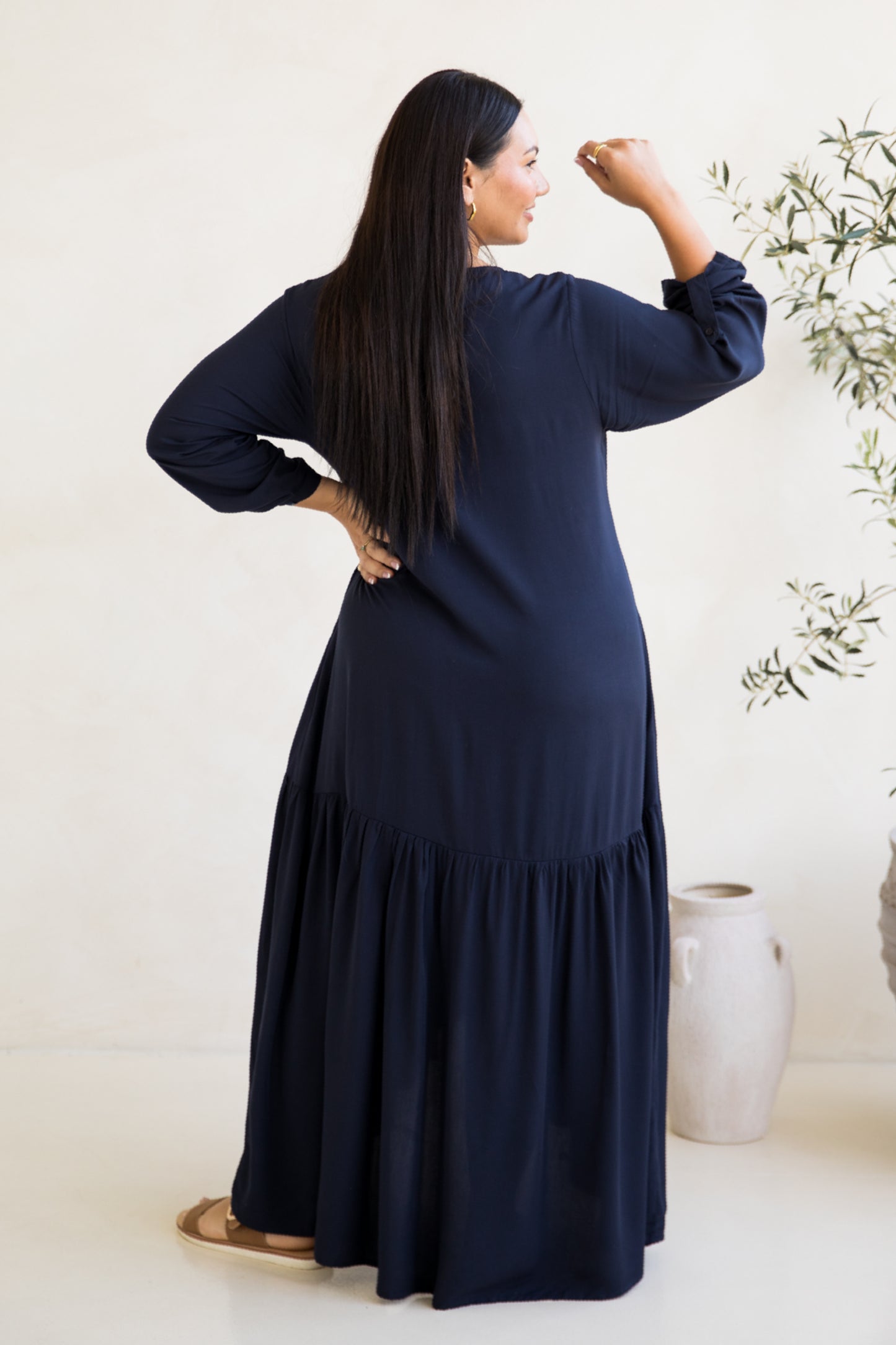 Long Sleeve Peak Maxi Dress | Navy