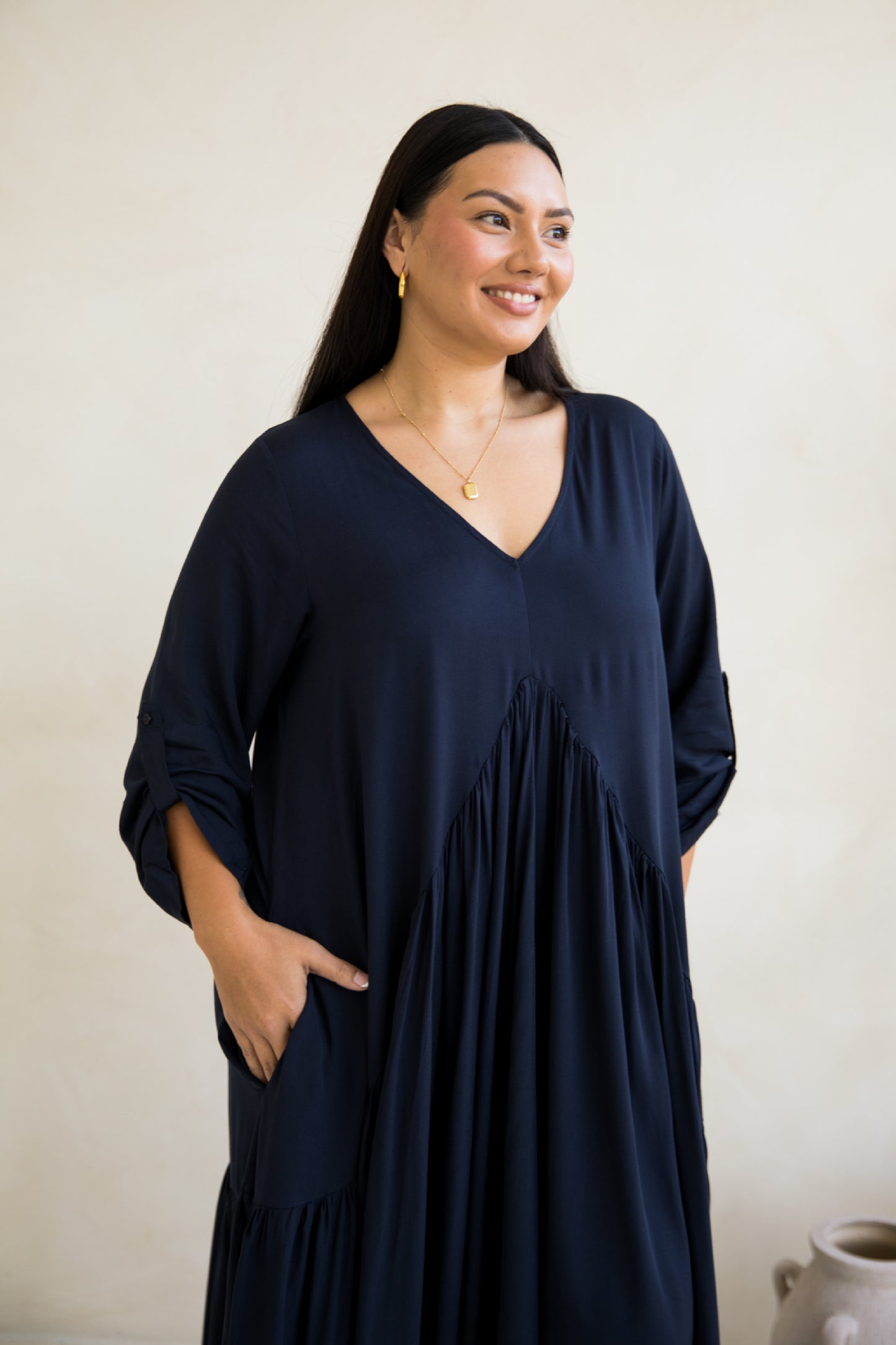 Long Sleeve Peak Maxi Dress | Navy