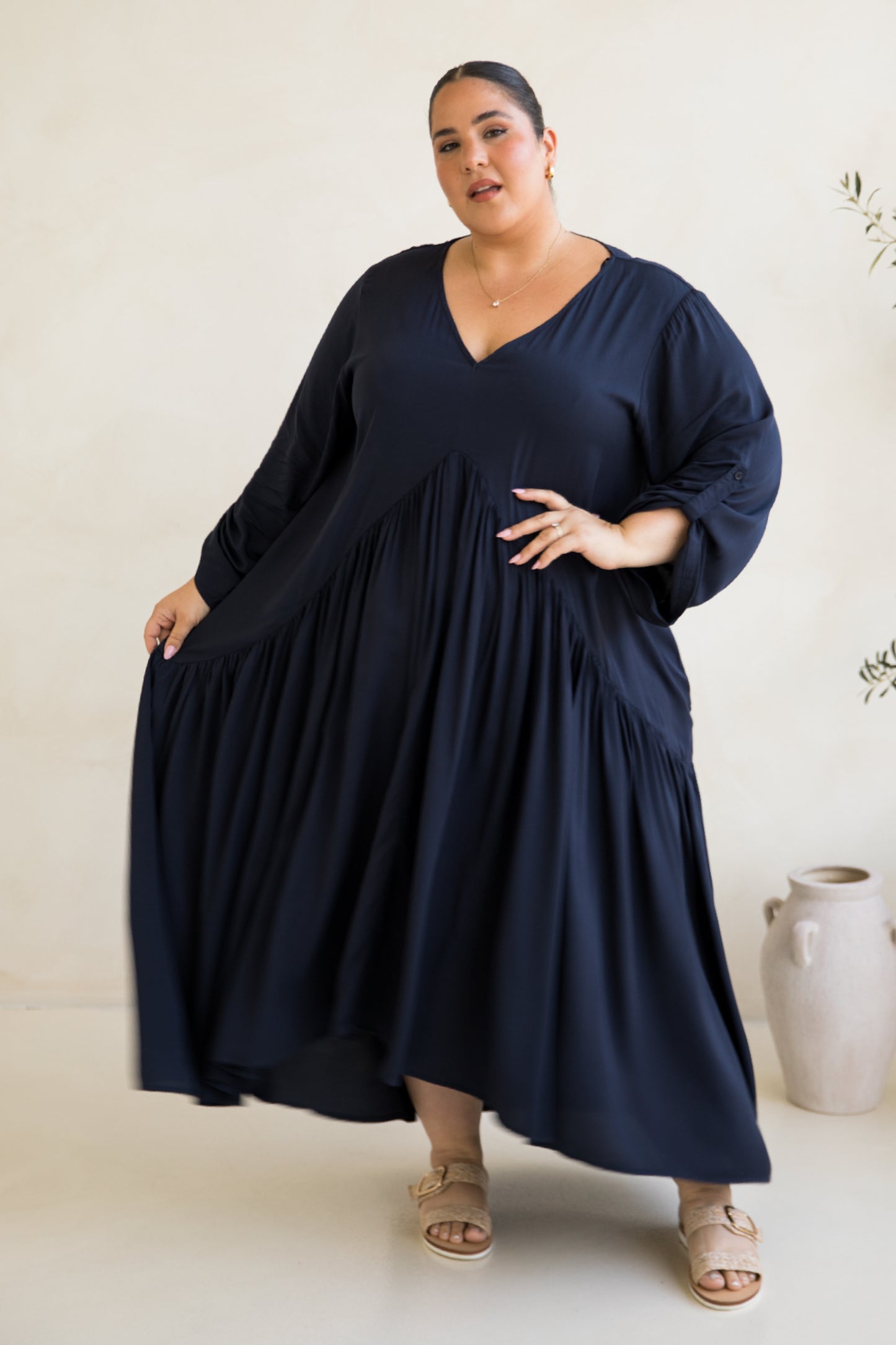 Long Sleeve Peak Maxi Dress | Navy