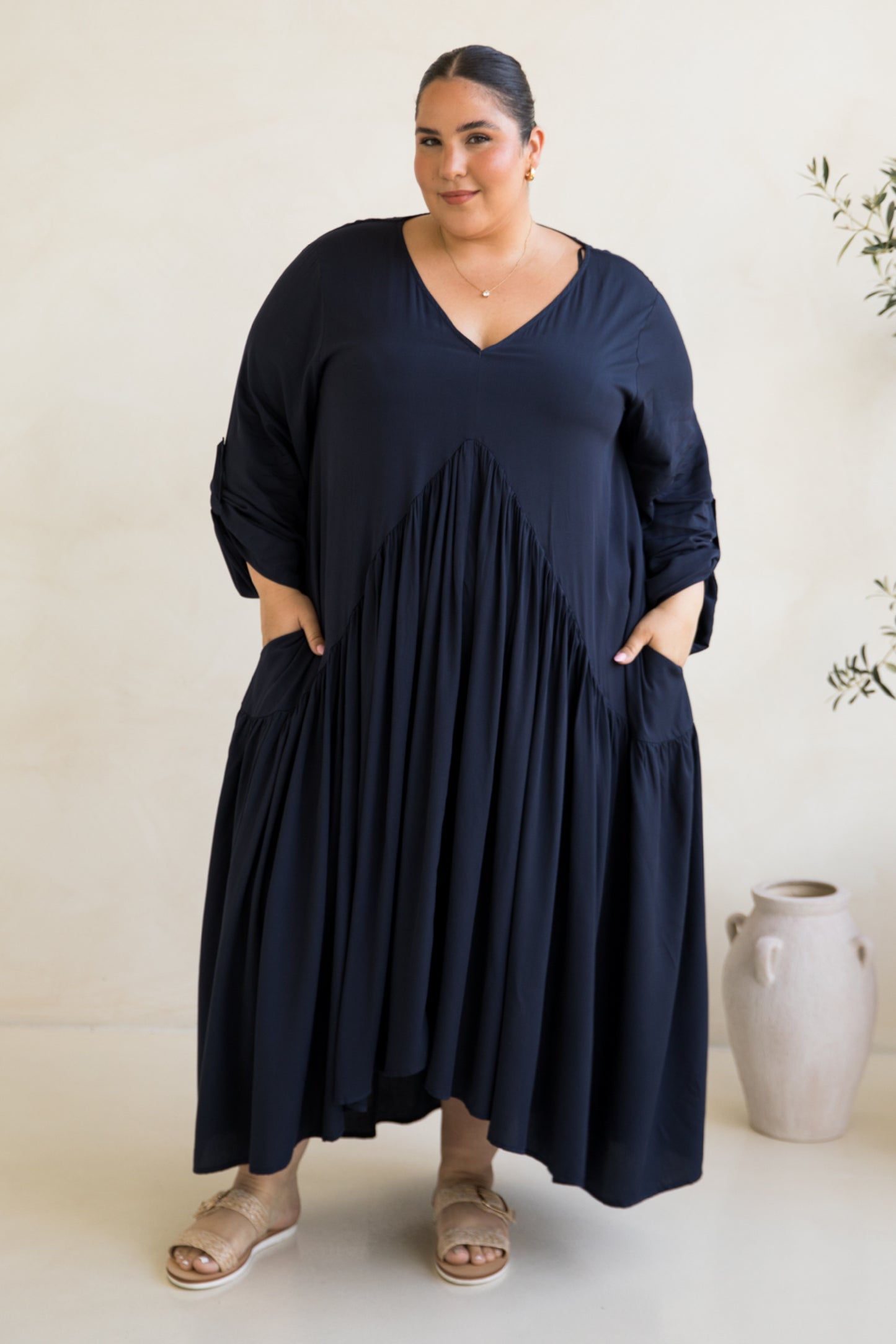 Long Sleeve Peak Maxi Dress | Navy