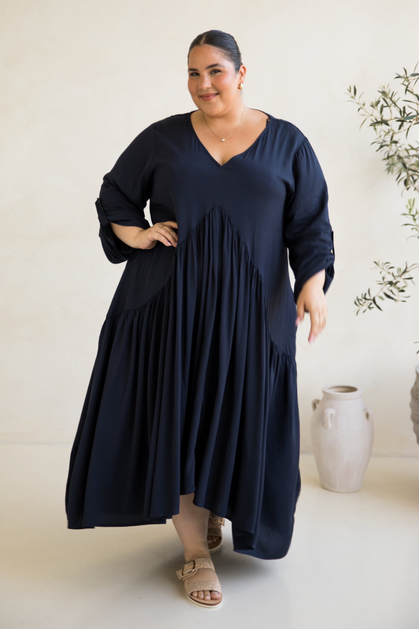 Long Sleeve Peak Maxi Dress | Navy