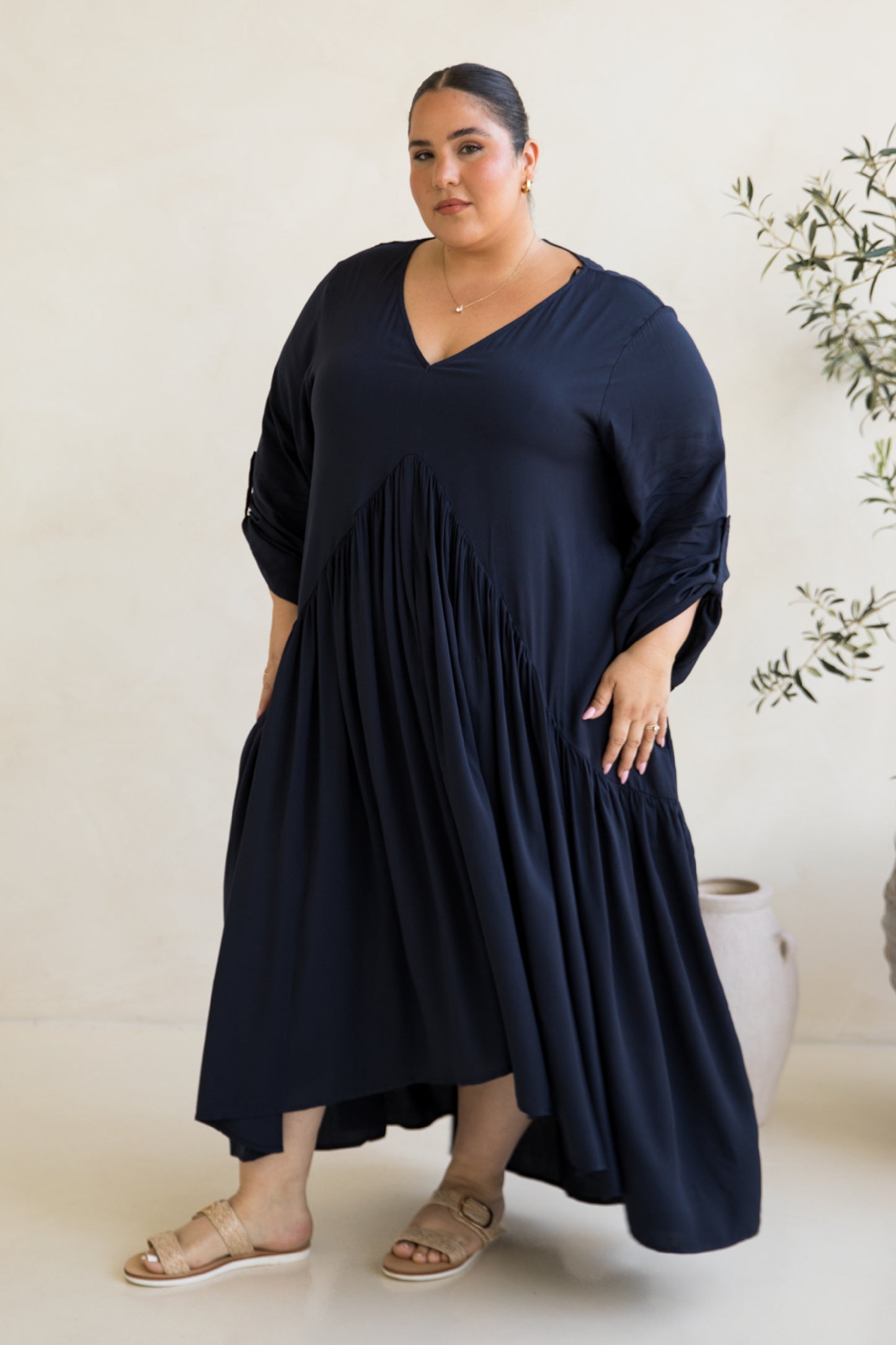 Long Sleeve Peak Maxi Dress | Navy