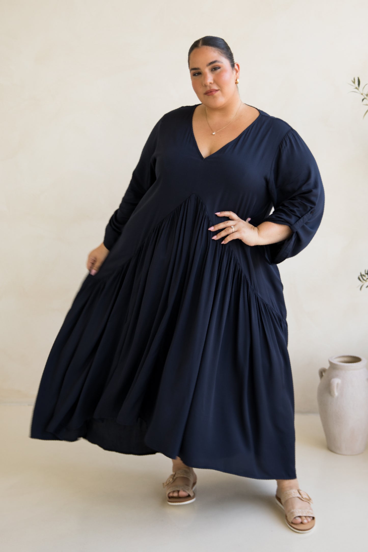 Long Sleeve Peak Maxi Dress | Navy