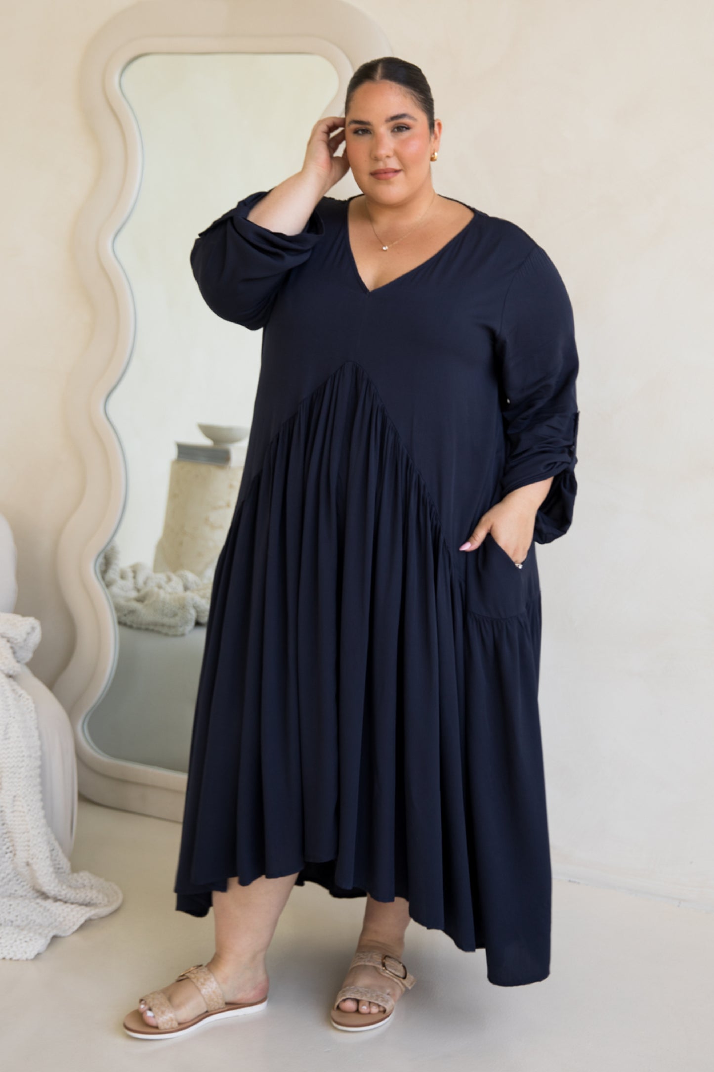 Long Sleeve Peak Maxi Dress | Navy