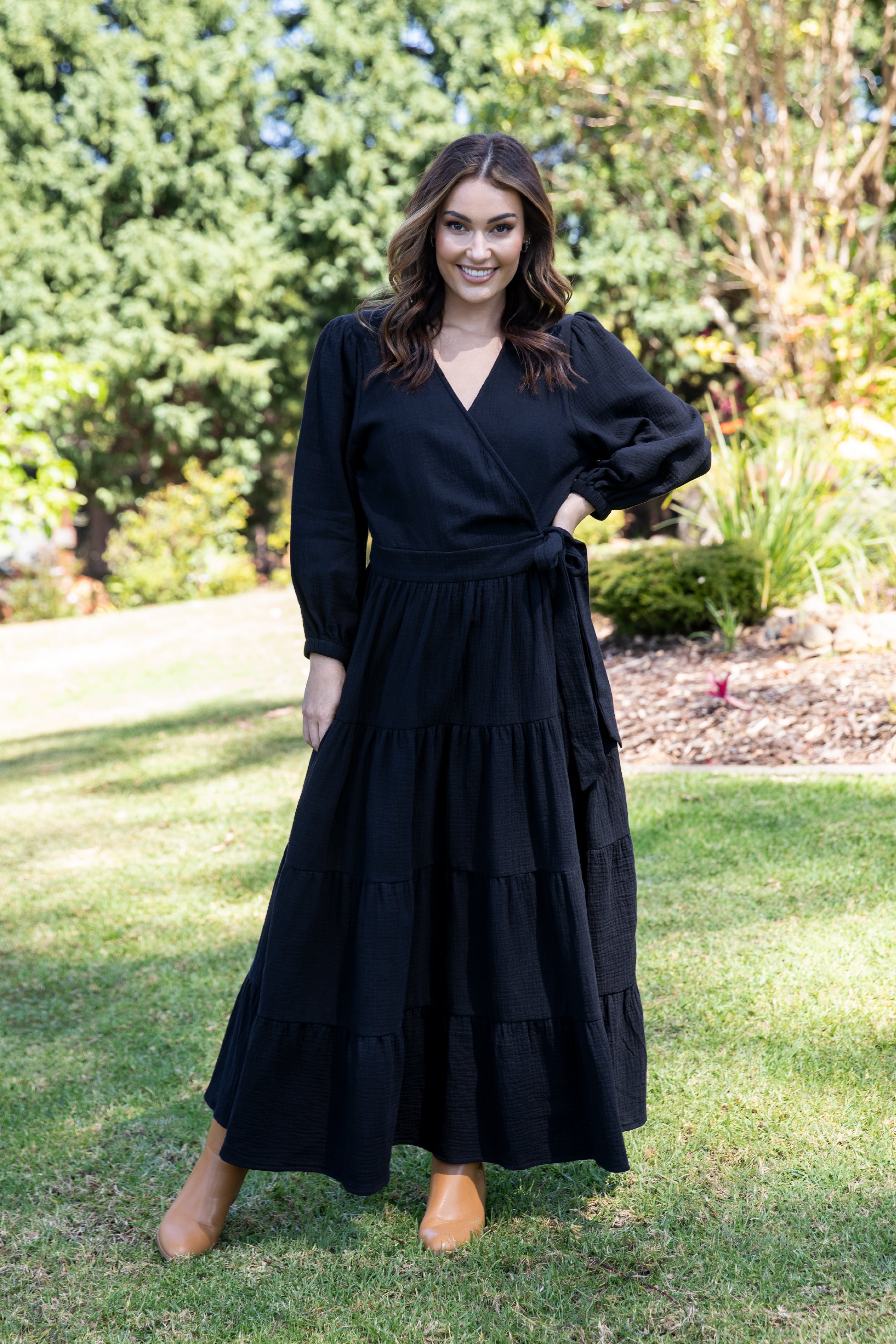 Long Sleeve Ruffle Wrap Dress Black FINAL SALE