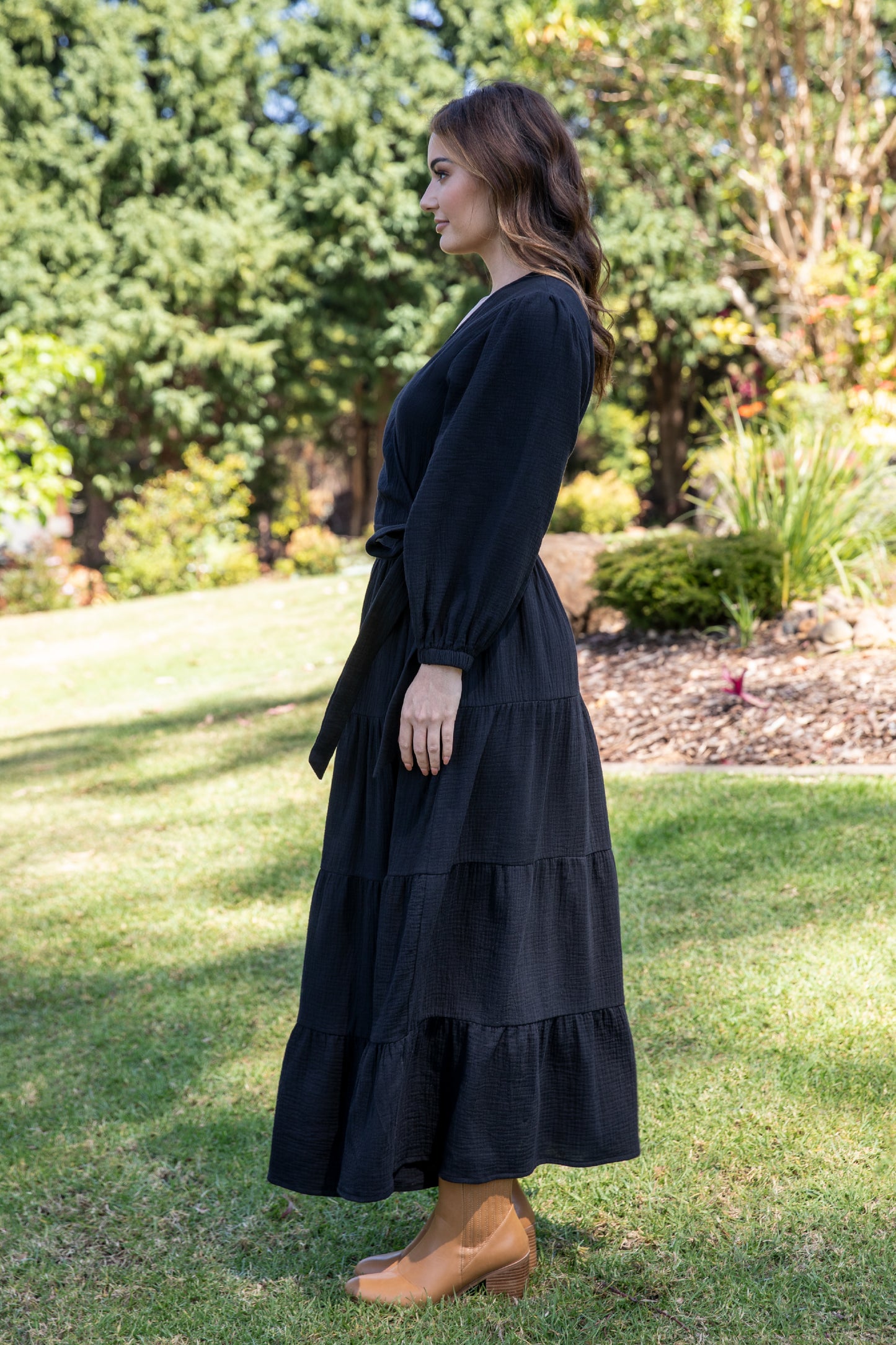 Long Sleeve Ruffle Wrap Dress in Black