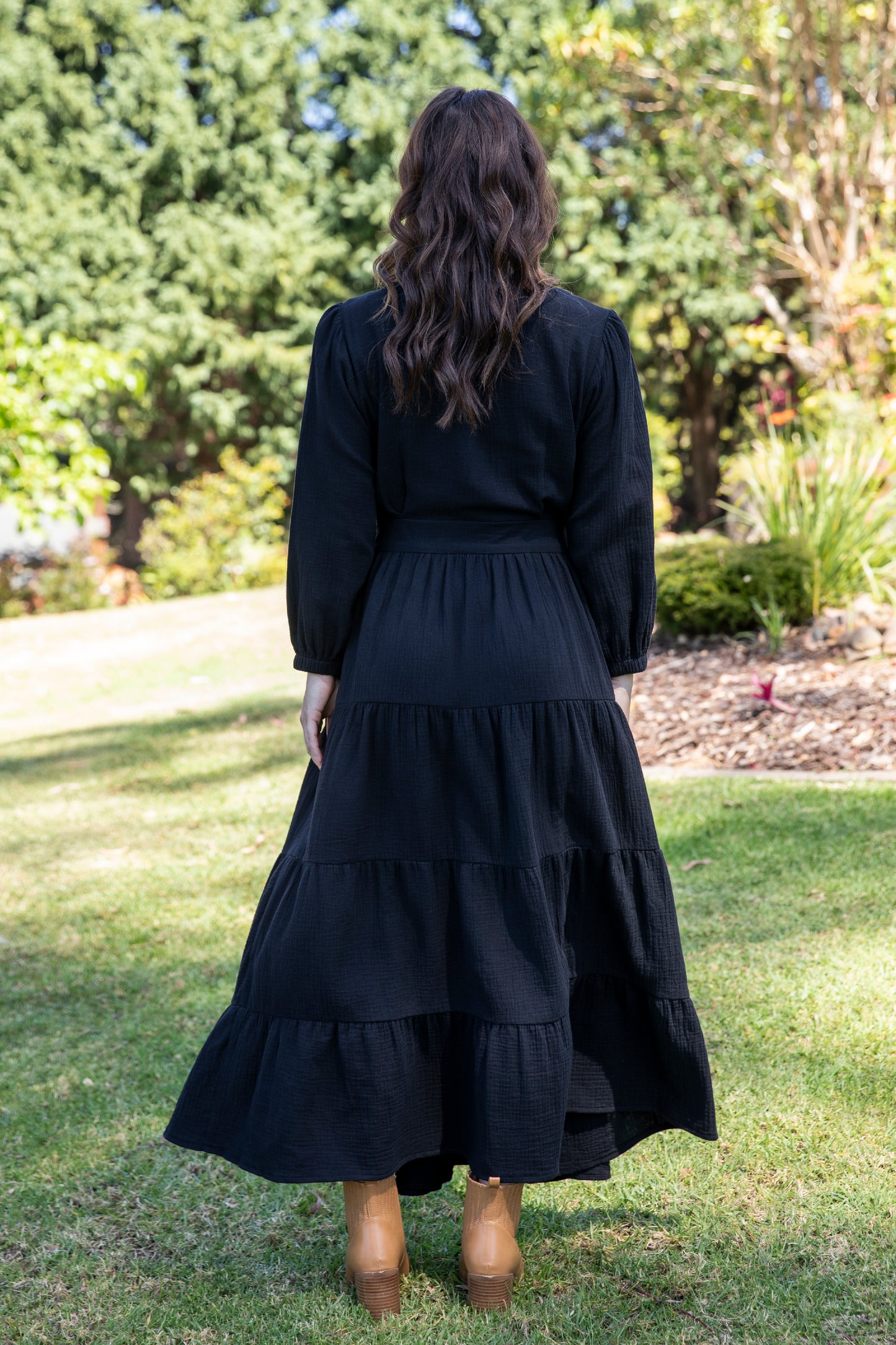 Long Sleeve Ruffle Wrap Dress in Black