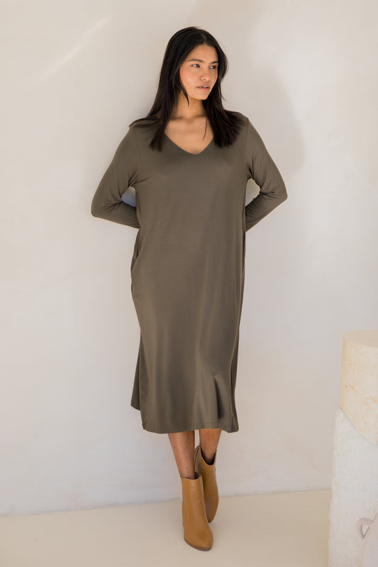 Long Sleeve T-Shirt Dress | Moss Green