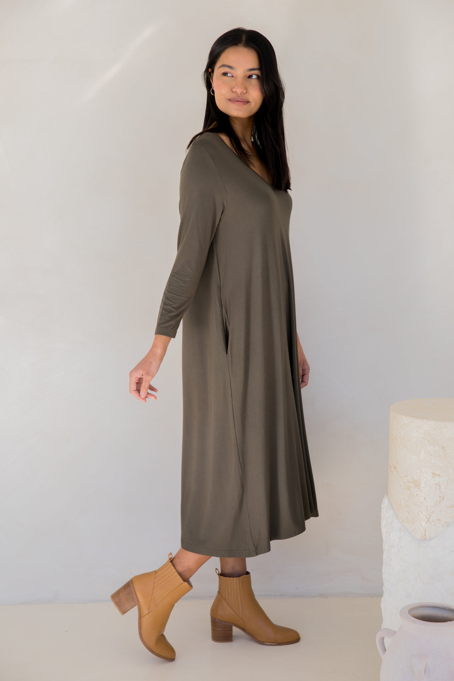 Long Sleeve T-Shirt Dress | Moss Green