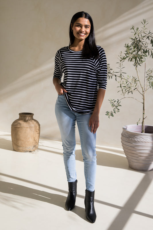 Long Sleeve Hi Low Kiana Top in Black/White Stripe