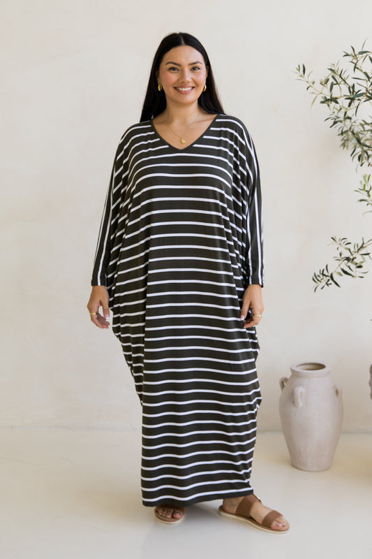 Long Sleeve Maxi Miracle Dress | Moss Green/White Stripe