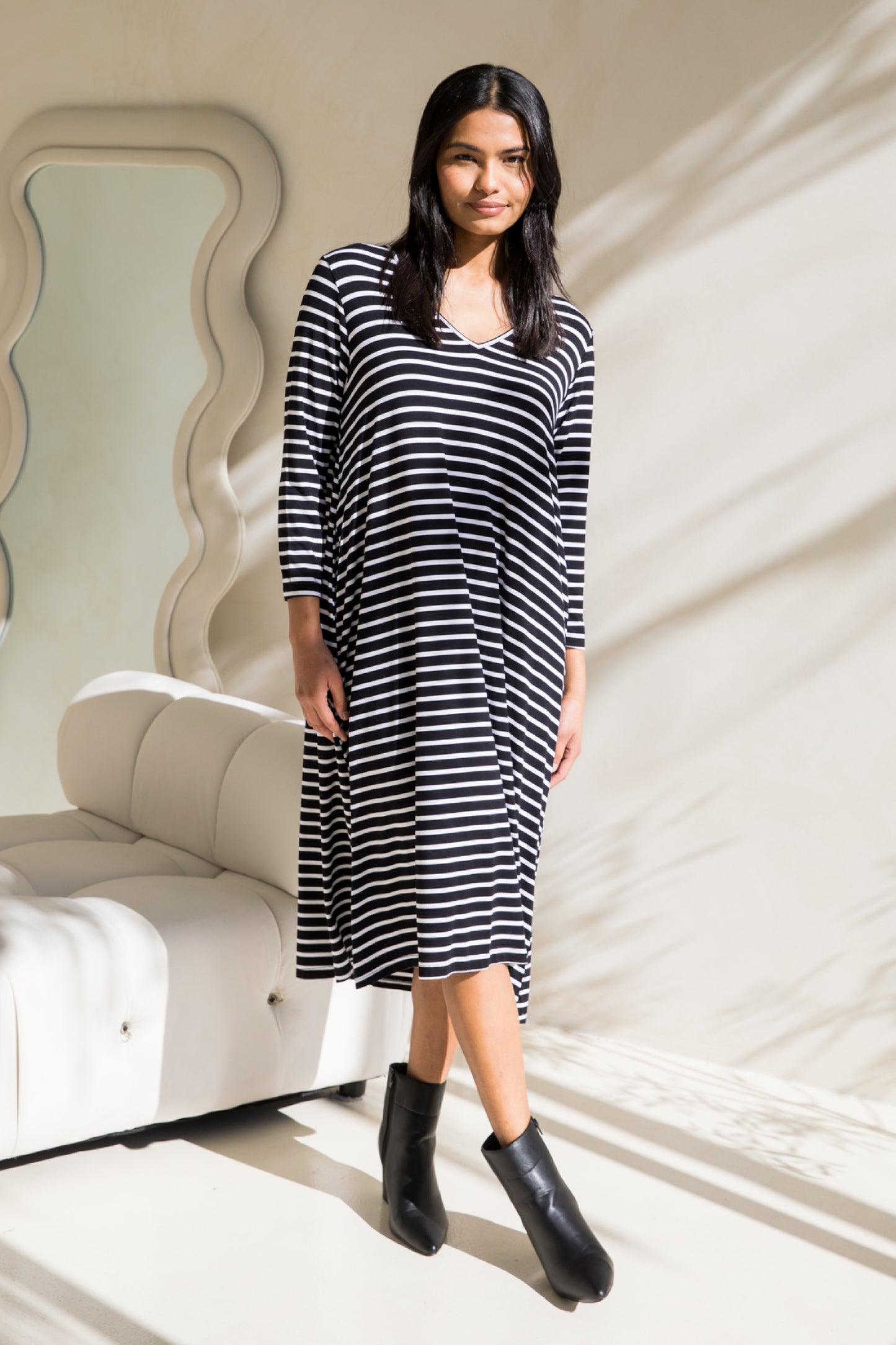 Long Sleeve T-Shirt Dress | Black/White Stripe