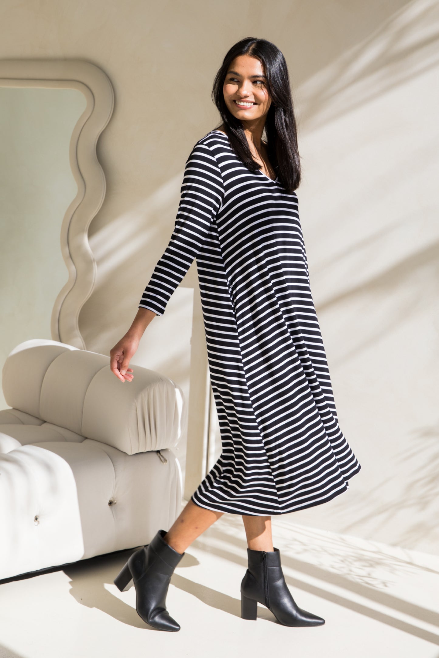 Long Sleeve T-Shirt Dress | Black/White Stripe