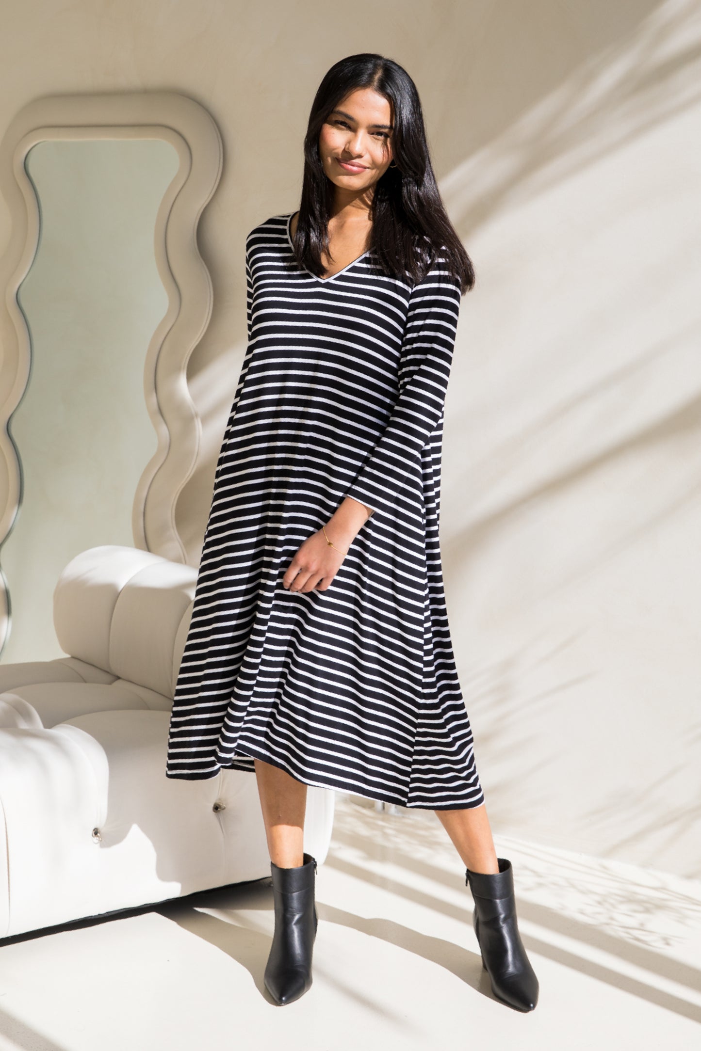 Long Sleeve T-Shirt Dress | Black/White Stripe