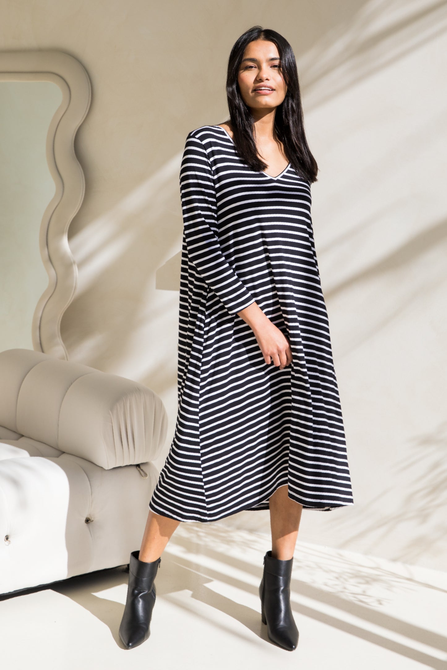 Long Sleeve T-Shirt Dress | Black/White Stripe