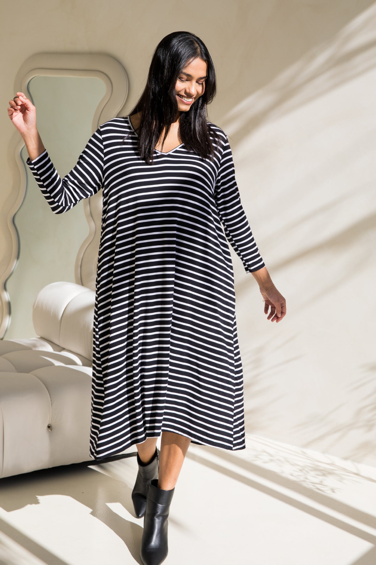 Long Sleeve T-Shirt Dress | Black/White Stripe