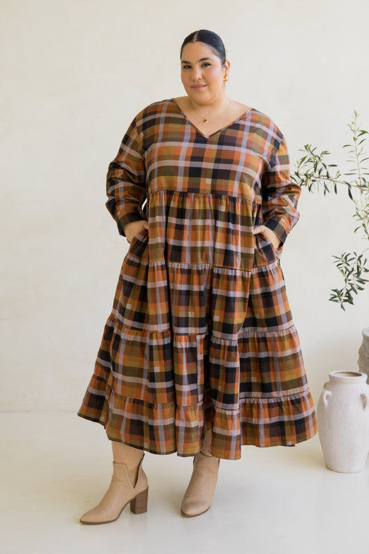 Long Sleeve Waterfall Dress in Fall Check