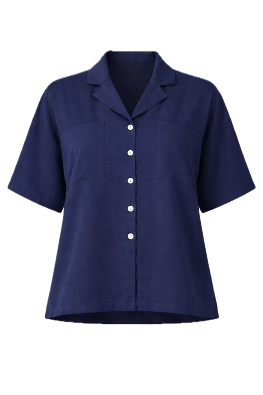 LULU Lyocell Short Sleeve Shortline Shirt | Navy | FINAL SALE