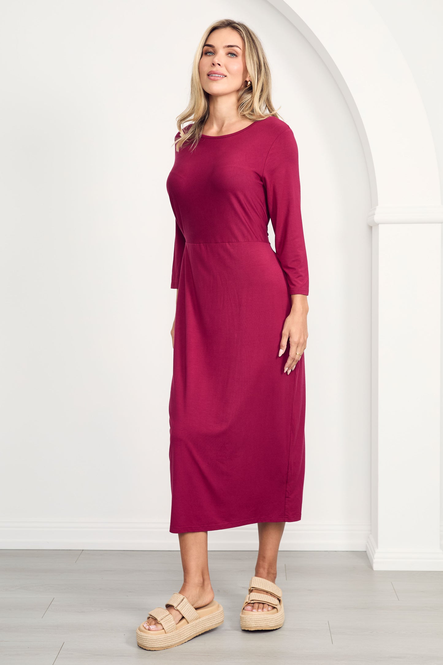 MALLORY Bamboo Demi Sleeve Midi Dress | Raspberry