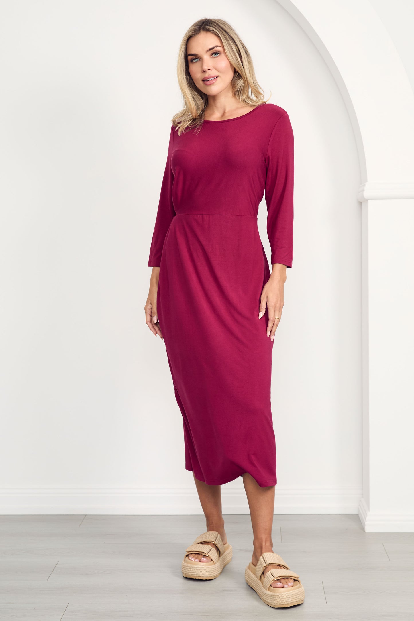 MALLORY Bamboo Demi Sleeve Midi Dress | Raspberry