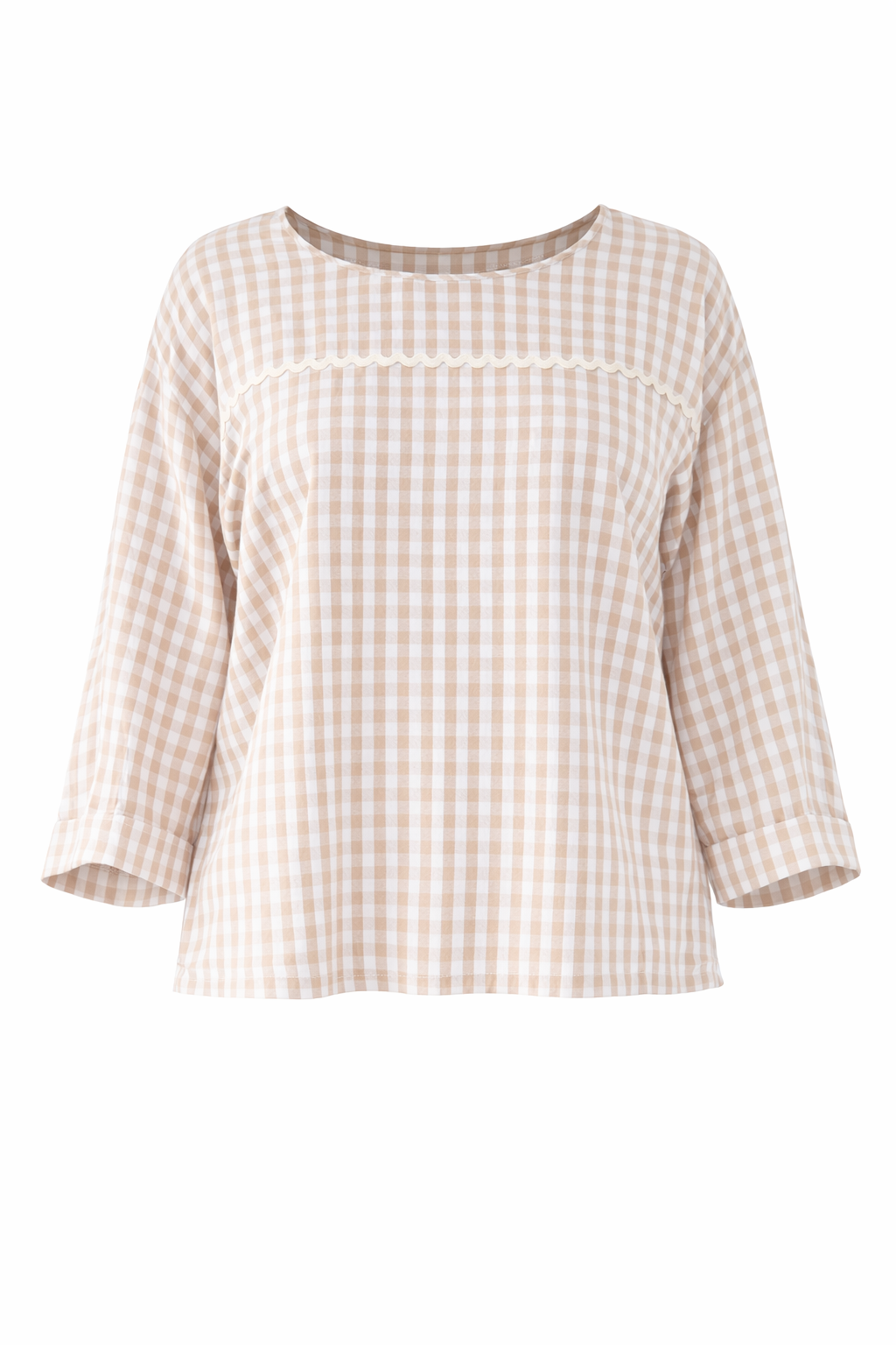 MILAN Lyocell Demi Sleeve Shortline Top | Beige Gingham | FINAL SALE