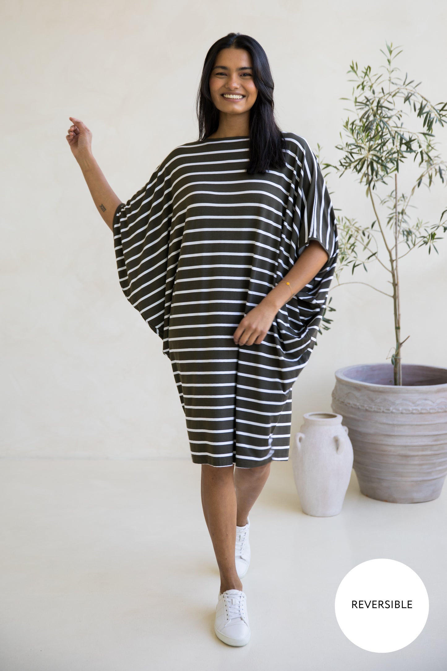 Miracle Dress | Moss Green/White Stripe